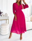 V-Neck Solid Color Waist Dress