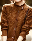 Elegant Brown Cable-Knit Cardigan with Decorative Buttons