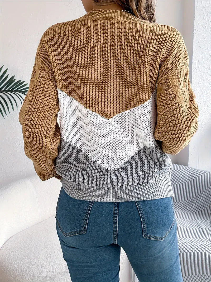 Elegant Two-Tone Crew Neck Sweater for Women&#39;s