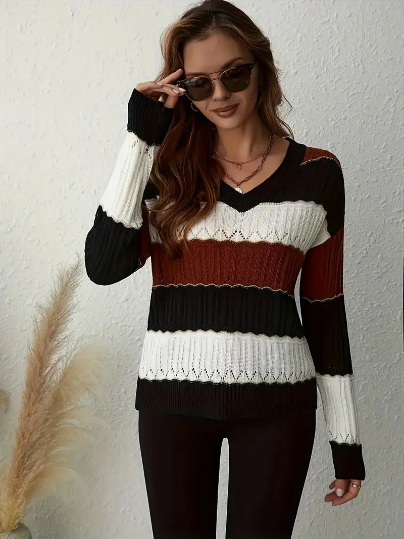 Elegant Striped V-Neck Sweater for Women&#39;s