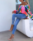 Colorful printed one-shoulder casual top