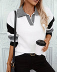 Women's Casual Knit Sweater with Color Block Stripes and Lapel Collar