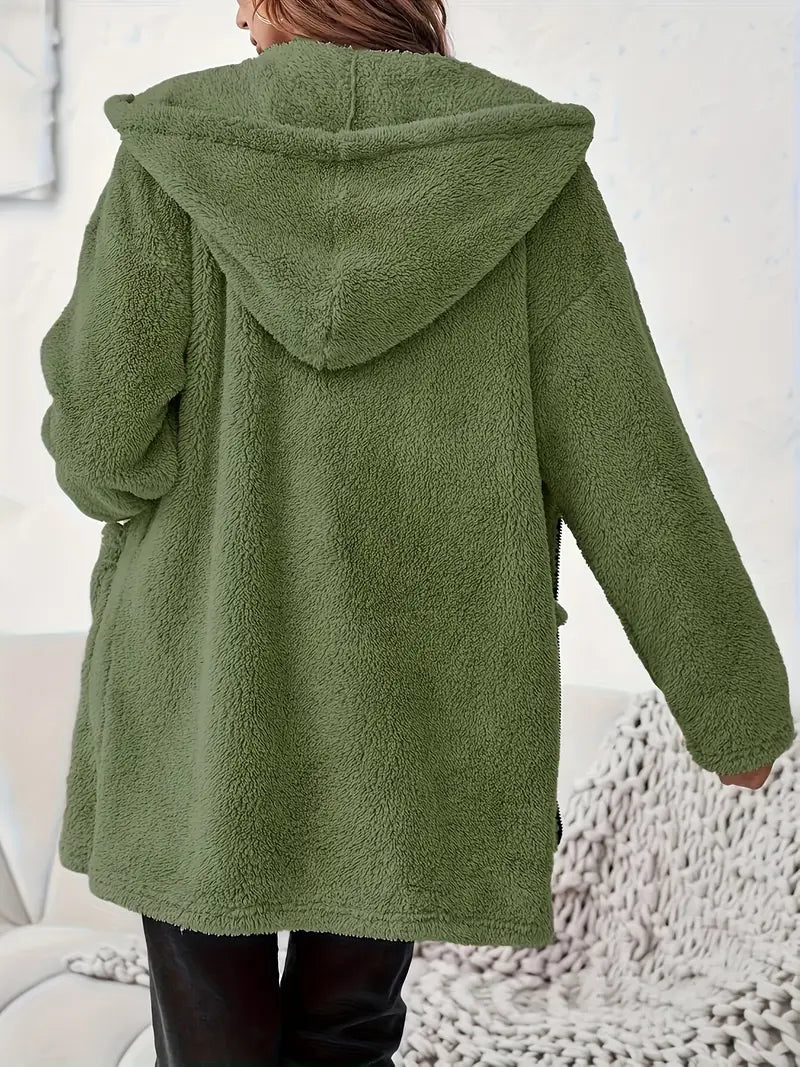 Women&#39;s Elegant Zipper Patch Pocket Long Sleeve Plush Hooded Coat