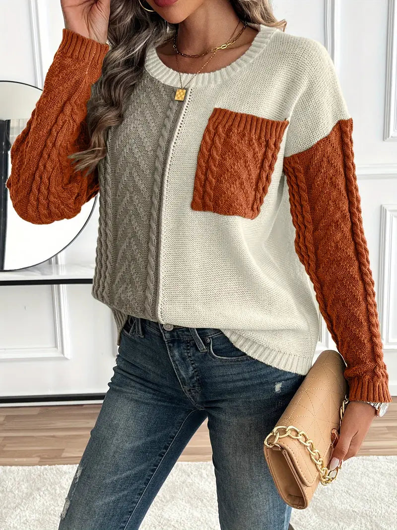 Chic Color Block Crew Neck Sweater for Women&#39;s