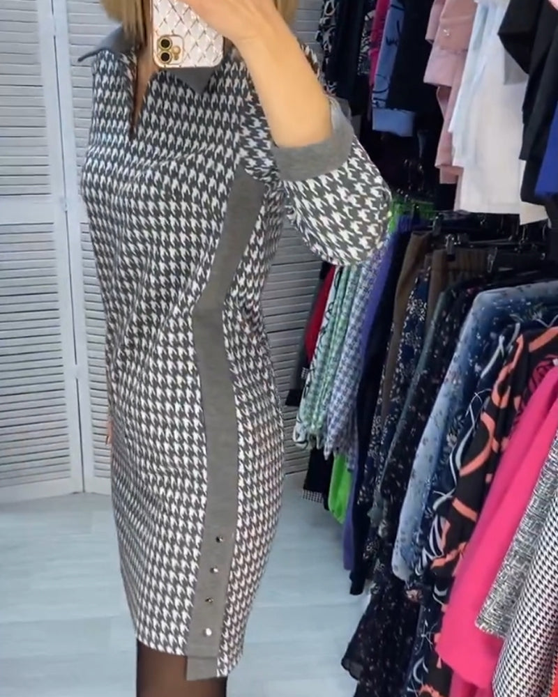 Lapel Dress with Pocket and Plaid