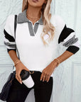 Women's Casual Knit Sweater with Color Block Stripes and Lapel Collar