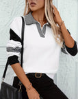 Women's Casual Knit Sweater with Color Block Stripes and Lapel Collar