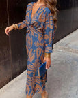 Vintage printed V-neck long-sleeve elegant dress