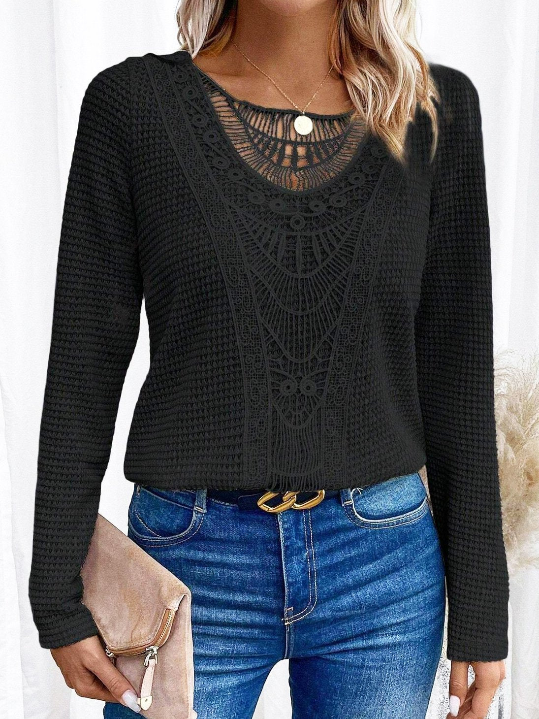 Lace Patchwork Round Neck Top