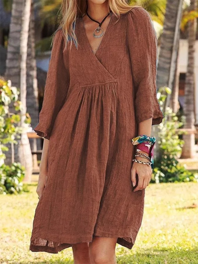 Cotton Linen V Neck Midi Dress