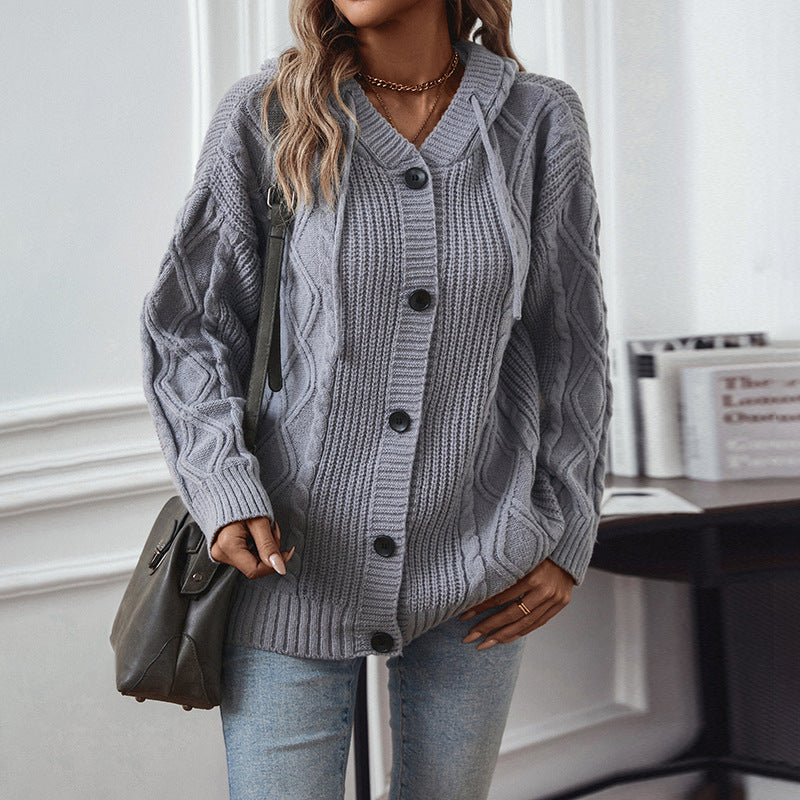 Women&#39;s Hooded Drawstring Knitted Cardigan