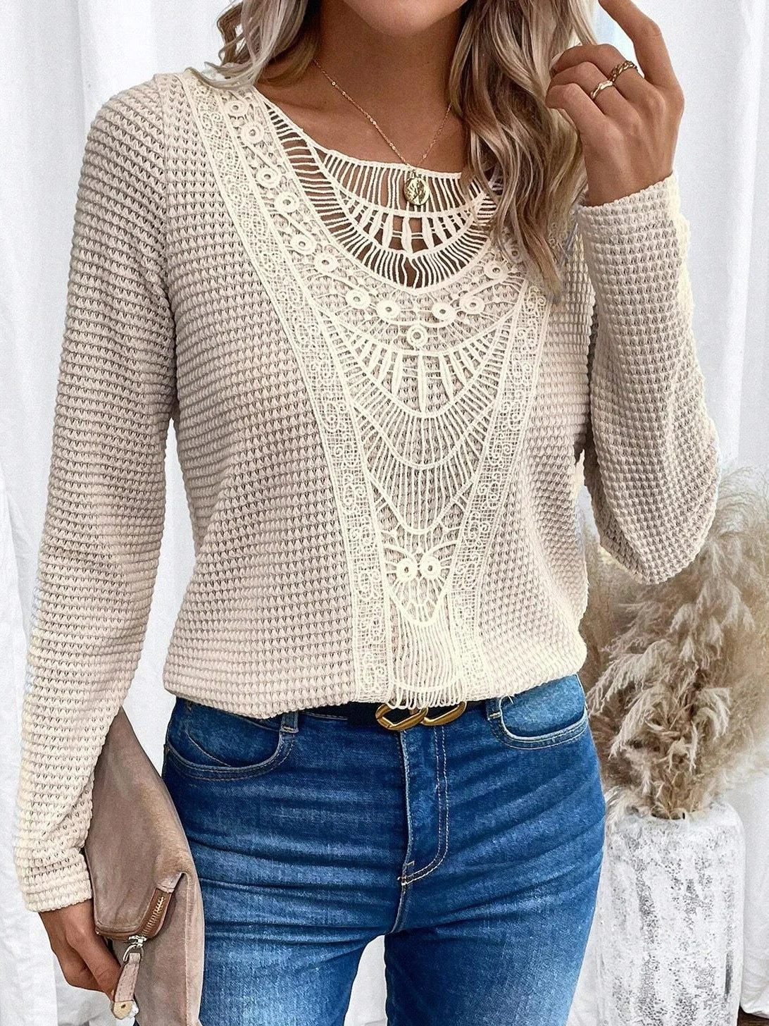 Lace Patchwork Round Neck Top