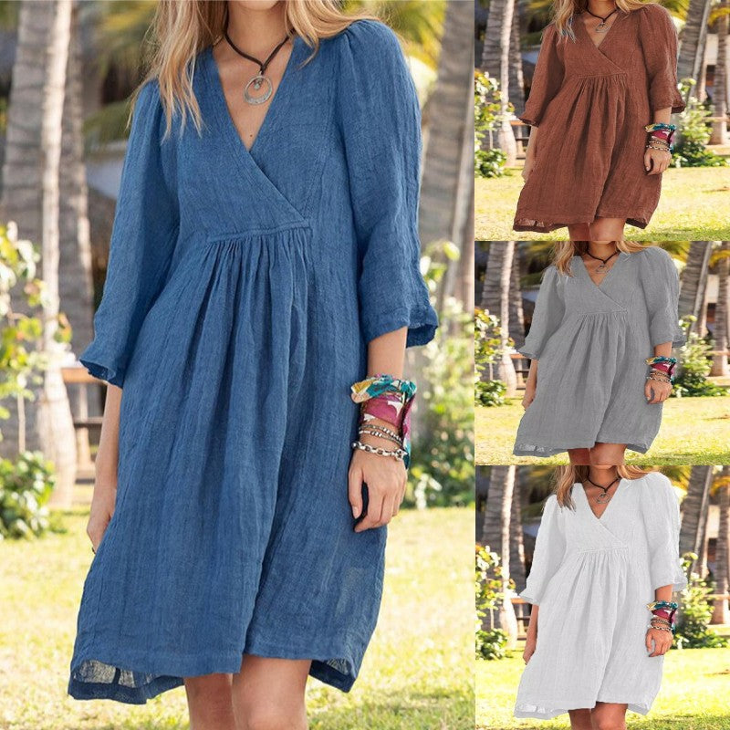 Cotton Linen V Neck Midi Dress