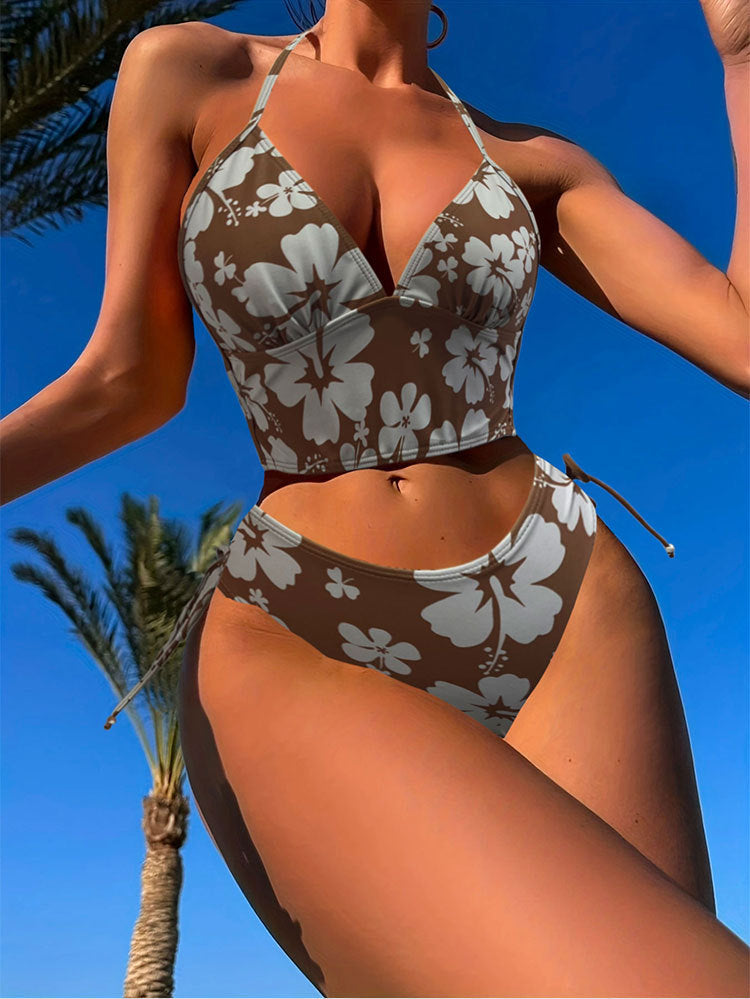 Printed Lace-Up Split Bikini