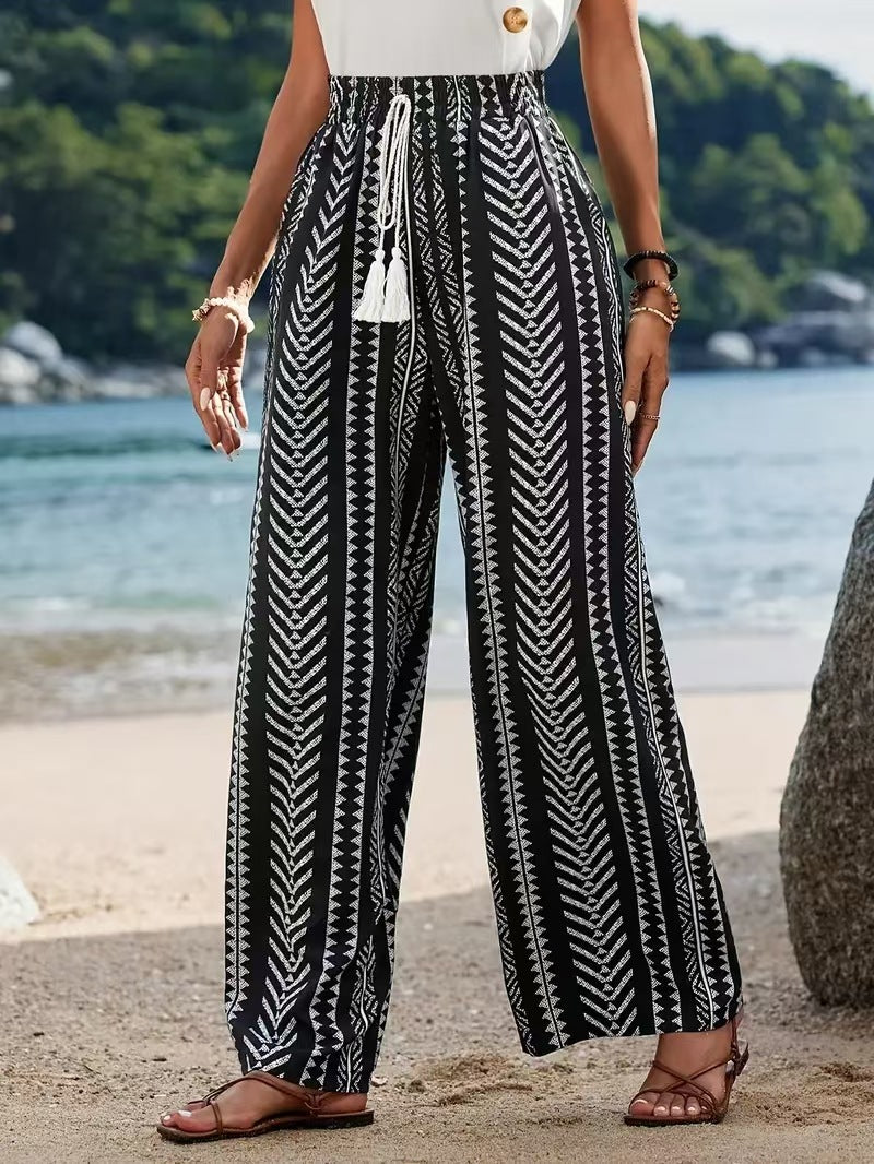 Geometric Print Elastic Straight Pants