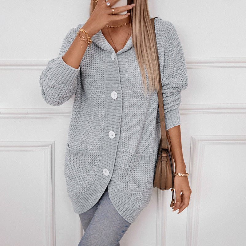 Women&#39;s Hooded Knitwear Loose Mid-Length Cardigan - Cozy and Stylish