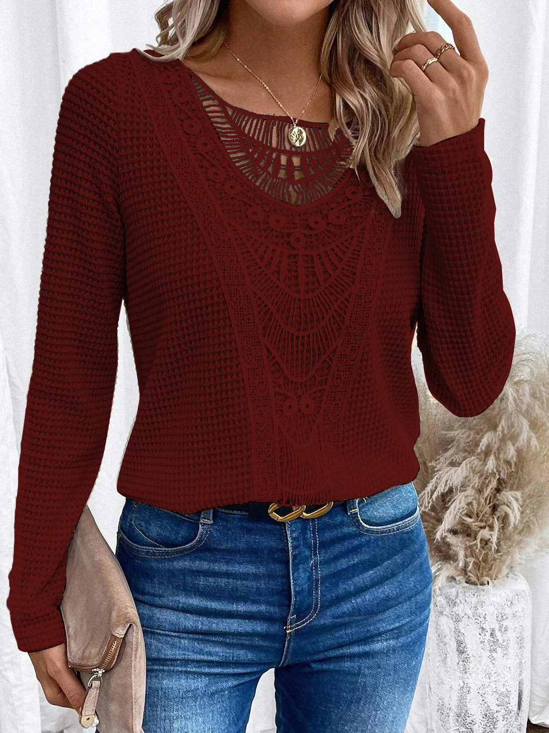 Lace Patchwork Round Neck Top
