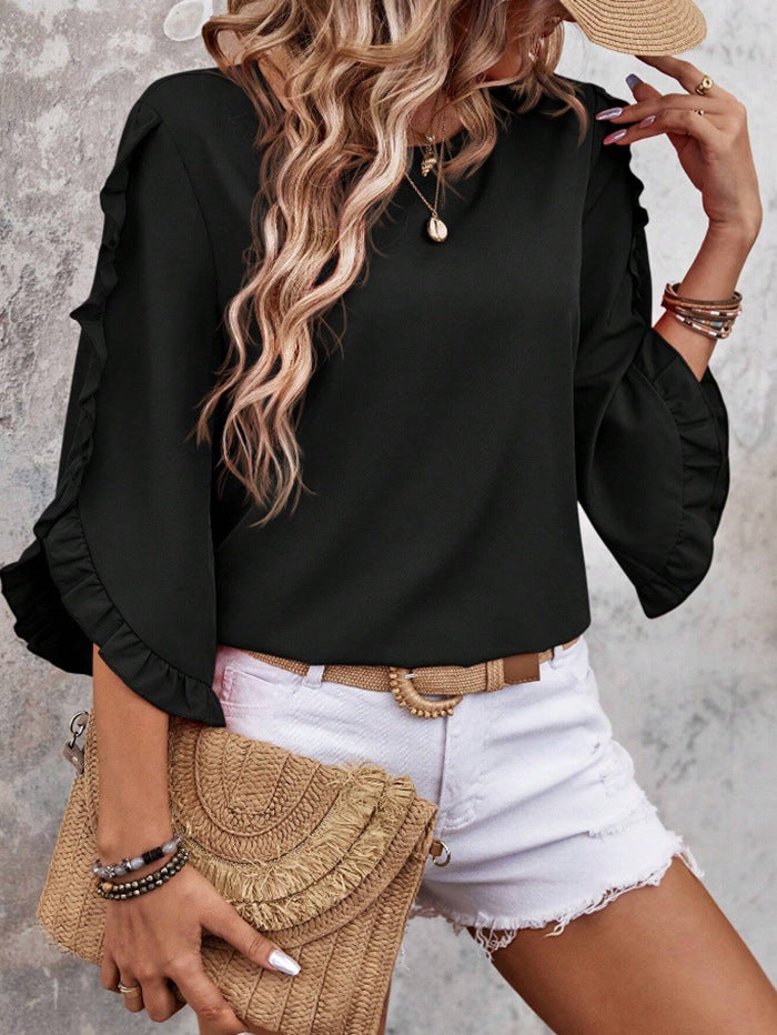 Elegant Round Neck Lace Trim Top