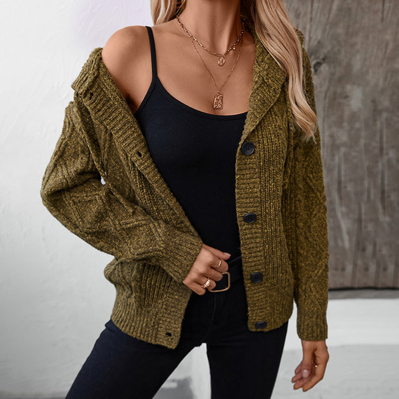 Women&#39;s Hooded Drawstring Knitted Cardigan