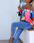 Colorful printed one-shoulder casual top