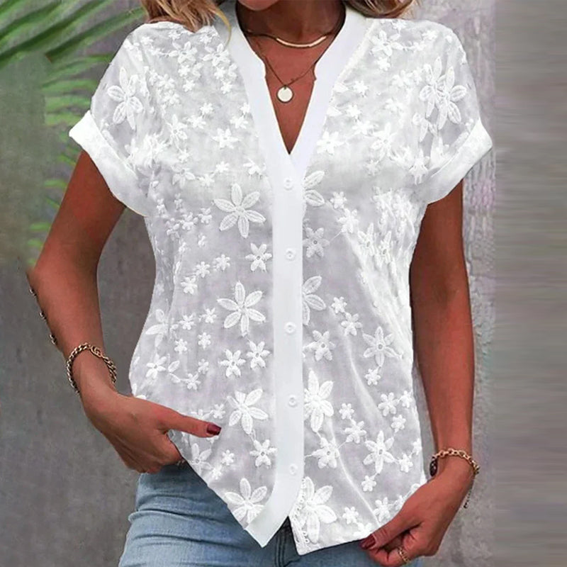 Short-sleeved V-neck blouse