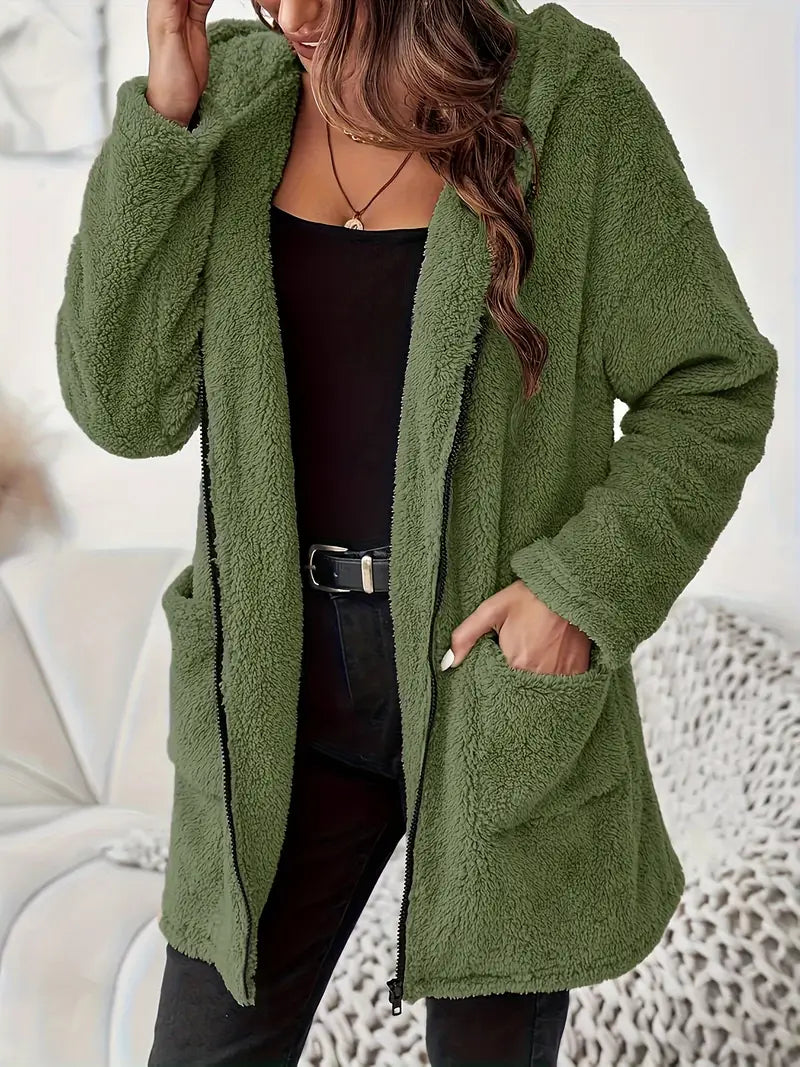 Women&#39;s Elegant Zipper Patch Pocket Long Sleeve Plush Hooded Coat