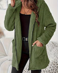 Women's Elegant Zipper Patch Pocket Long Sleeve Plush Hooded Coat