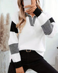 Women's Casual Knit Sweater with Color Block Stripes and Lapel Collar