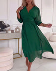 V-Neck Solid Color Waist Dress