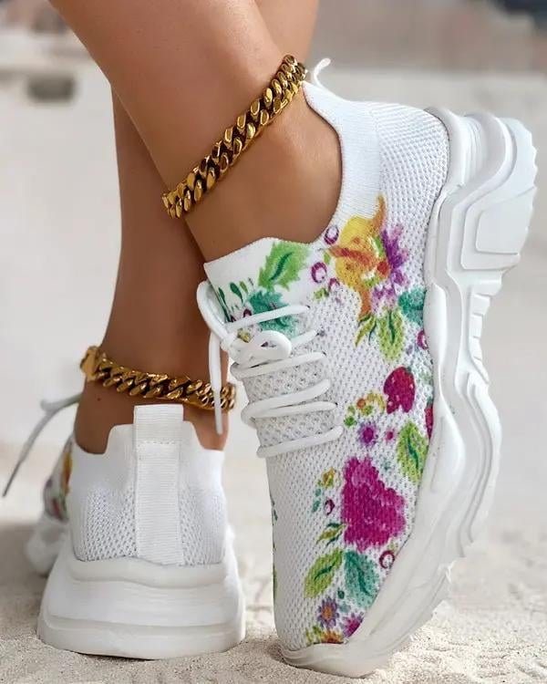 Breathable Lace-Up Sneakers with Floral Pattern