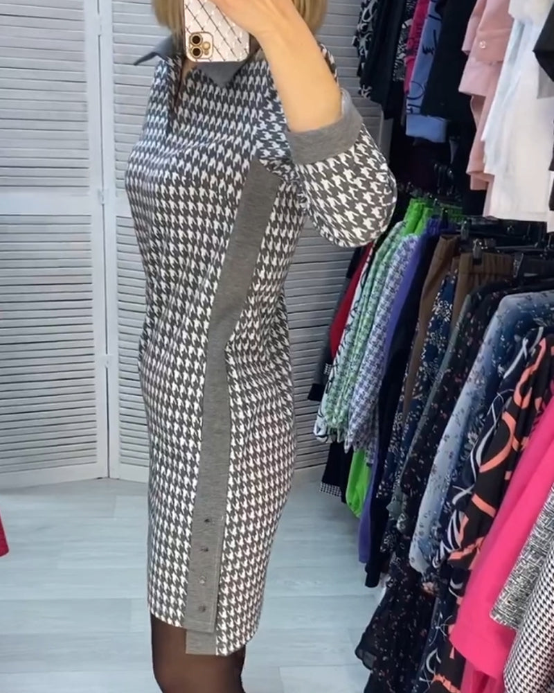 Lapel Dress with Pocket and Plaid