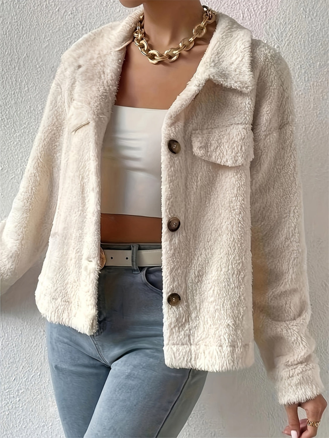 Collared Neck Button Up Cardigan with Decorative Pocket Flaps