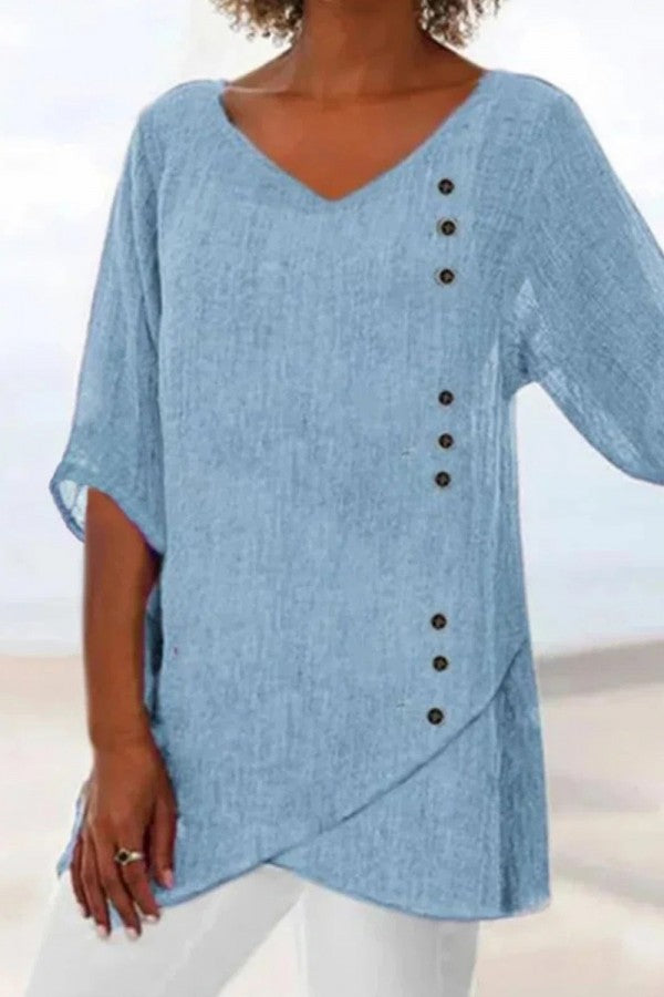 V Neck Solid Half Sleeves with Buttons Casual Blouse & Top