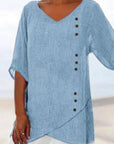 V Neck Solid Half Sleeves with Buttons Casual Blouse & Top