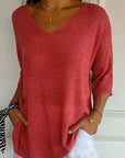 Solid Color Knitted V-Neck Top