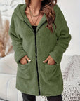 Women's Elegant Zipper Patch Pocket Long Sleeve Plush Hooded Coat