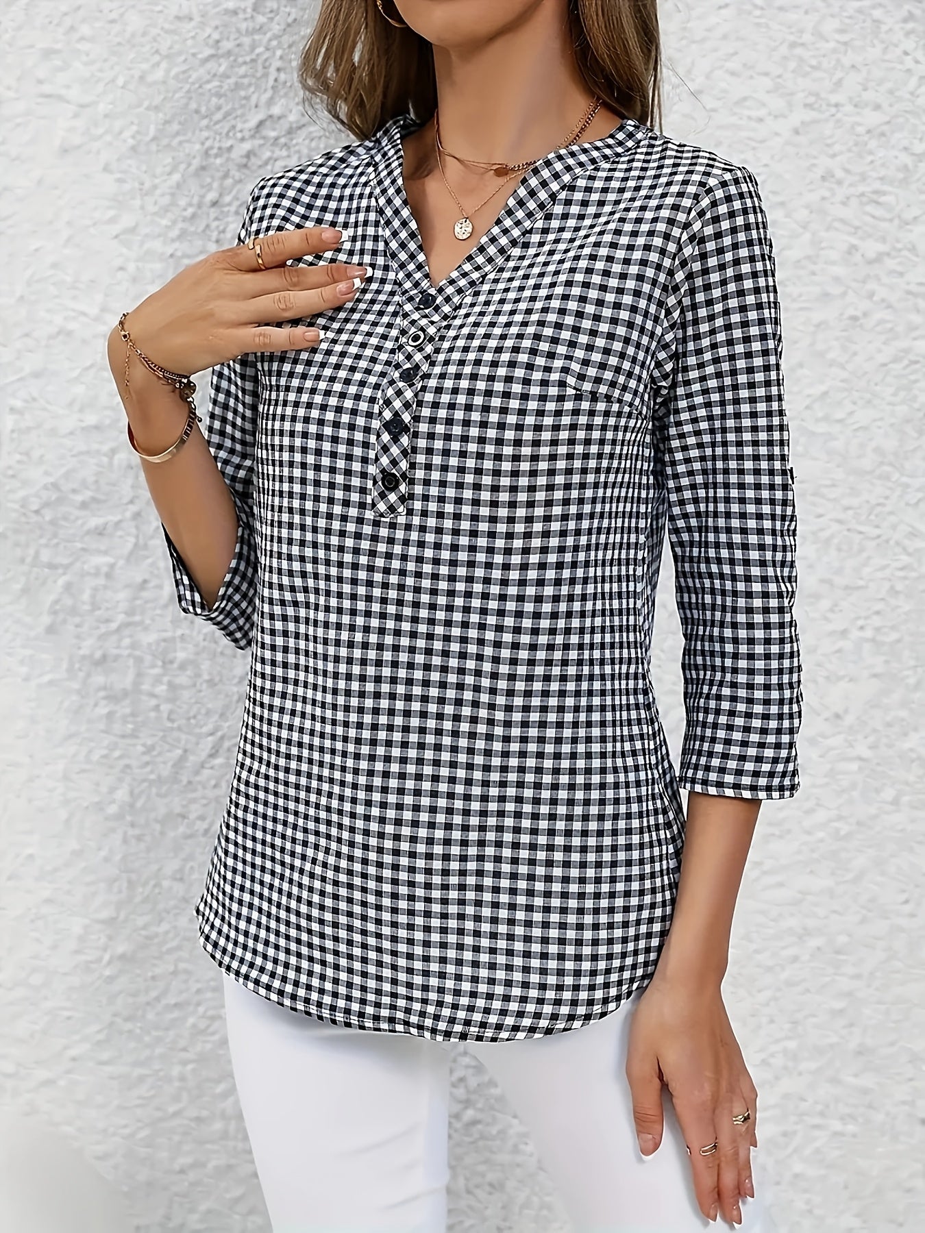 Elegant V-Neck Plaid Blouse