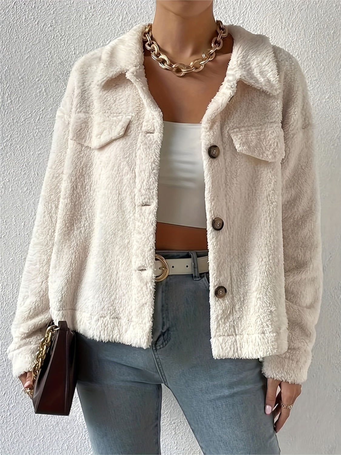 Collared Neck Button Up Cardigan with Decorative Pocket Flaps