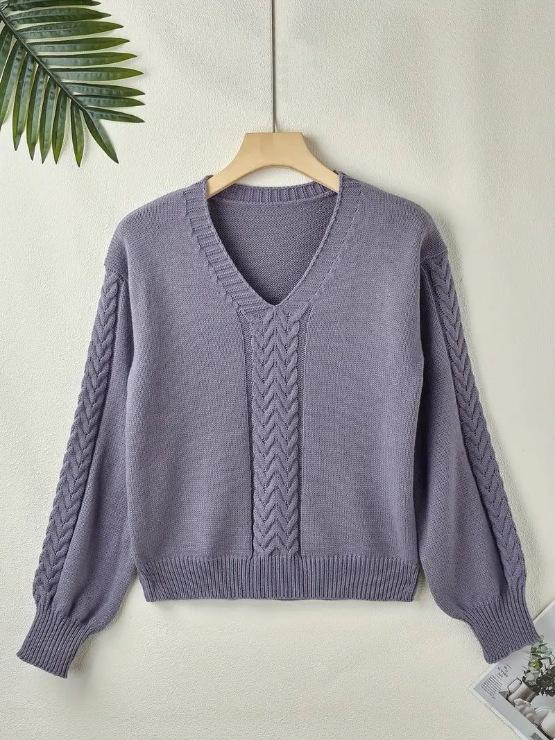 Chic V-Neck Cable Knit Sweater for Women