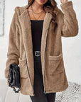 Women's Elegant Zipper Patch Pocket Long Sleeve Plush Hooded Coat