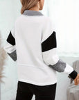 Women's Casual Knit Sweater with Color Block Stripes and Lapel Collar