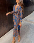 Vintage printed V-neck long-sleeve elegant dress