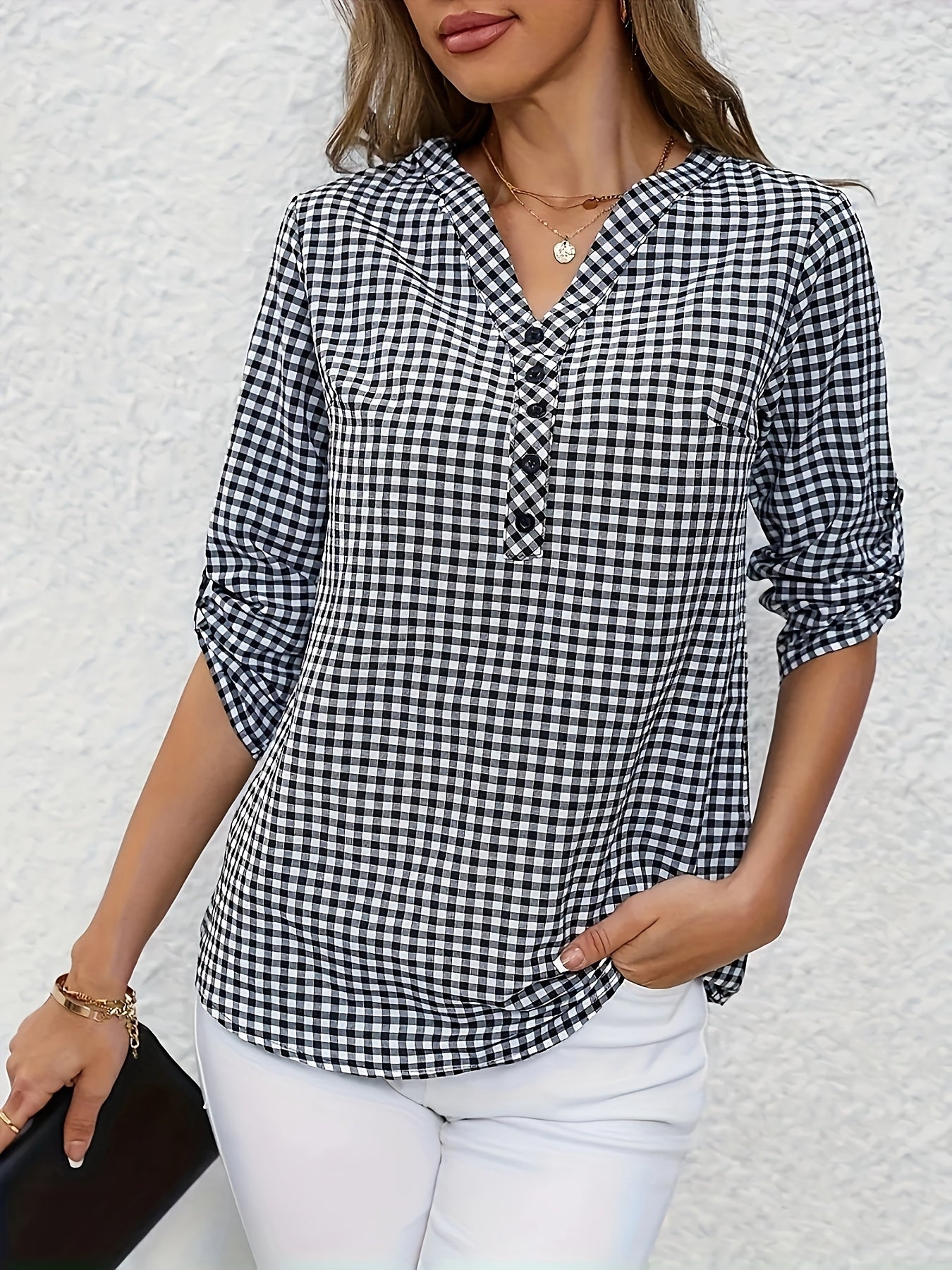 Elegant V-Neck Plaid Blouse