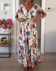 Colorful floral print pleated elegant dress