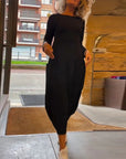 Solid color round neck long sleeve pocket dress