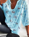 Ladies Butterfly Print V-neck 3/4 Sleeves Blouse